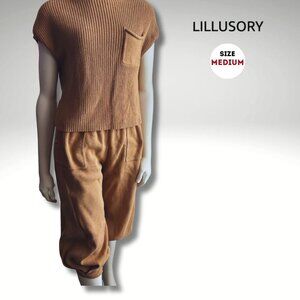 Lillusory Tan Knit Short Sleeve Sweater Top | Medium | Pocket Detail